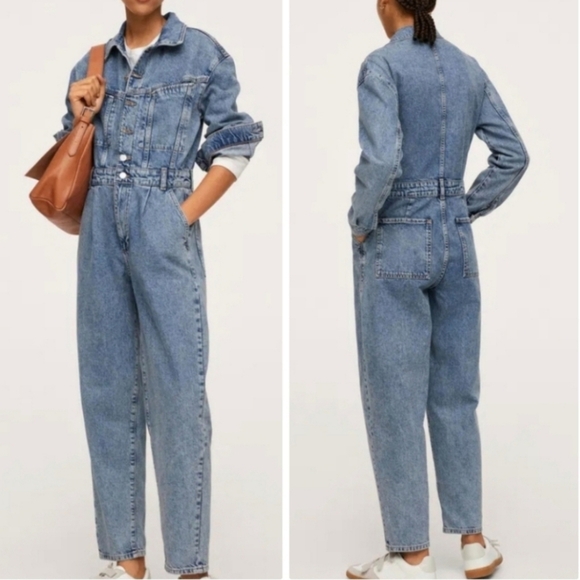 MANGO MNG DENIM long denim jean jumpsuit blue 100% cotton long sleeves size L - Picture 1 of 13